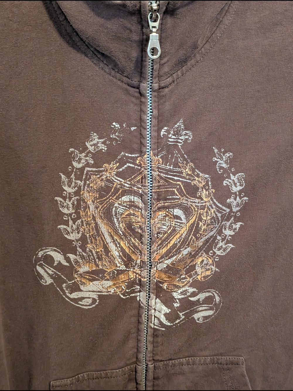 Y2K Sporty Gold Graphic Brown Zip-Up Jacket Roxy Medium